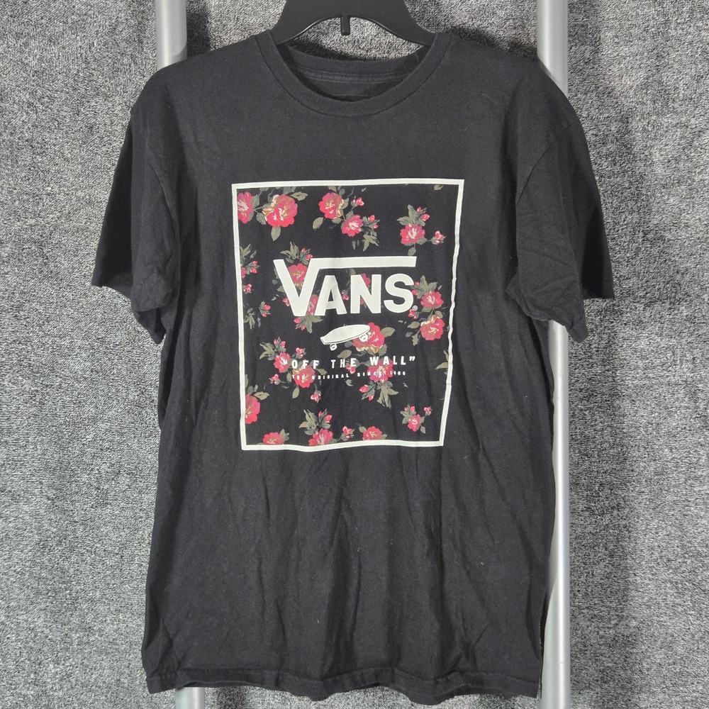 Vans Mens Medium Black Floral Rose Box Logo Graphic T-Shirt Off The Wall Cotton